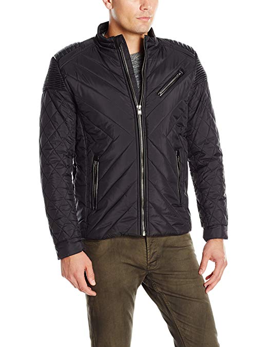 X-Ray Men's Slim Fit Quiltd Nylon Moto Jacket with Stitch Detail on Shoulder