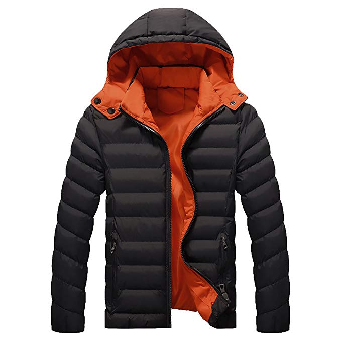 MU2M Mens Zip-front Solid Removable Hood Quilted Padded Coat Thicken Jacket