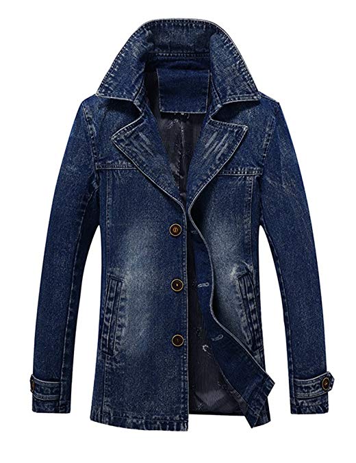 Idopy Men`s Vintage Label Collar Denim Jeans Jacket Trench Coat