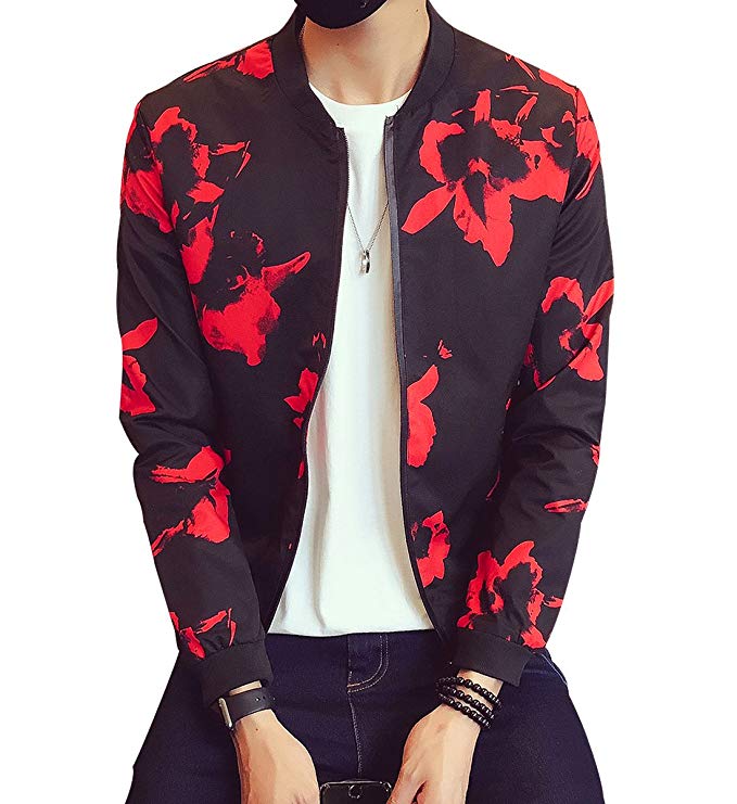 SUSIELADY Men's Bomber Varsity Jacket Baseball Coat Fashion Casual Floral Printed Long Sleeve Slim Fit Lightweight Sportswear