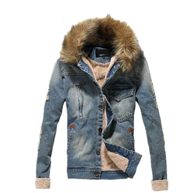 Tengfu Winter Mens Fur Collar Slim Denim Jacket