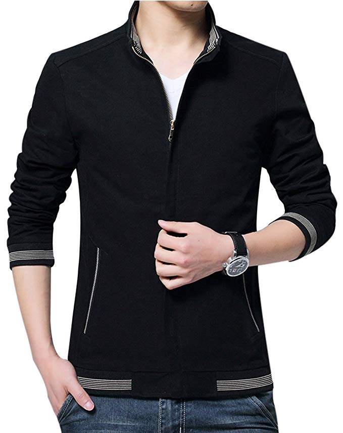 Yeokou Men's Casual Slim Fit Stand Collar Zip Up Lightweight Cotton Jacket Coat