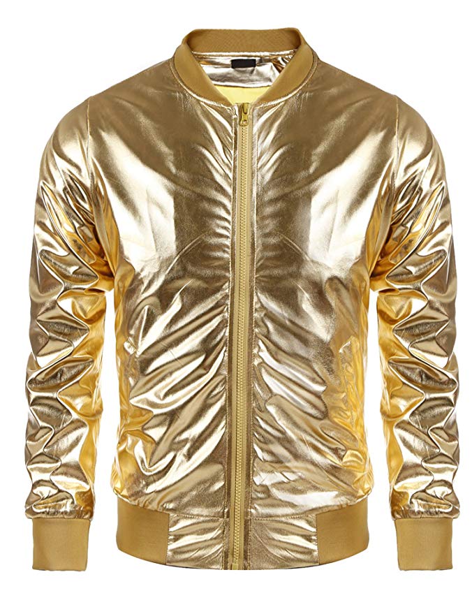 Jinidu Men's Metallic Jacket Nightclub Style Baseball Varsity Bomber Flight Coat