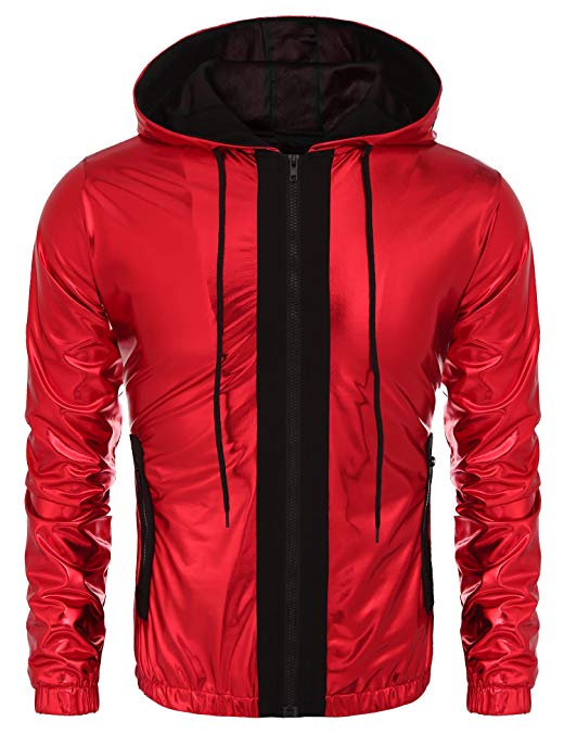 DAZZILYN Mens Metallic Nightclub Style Hooded Varsity Baseball Bomber Jacket Golden&Silver&Blue&Black&Red&Cofee